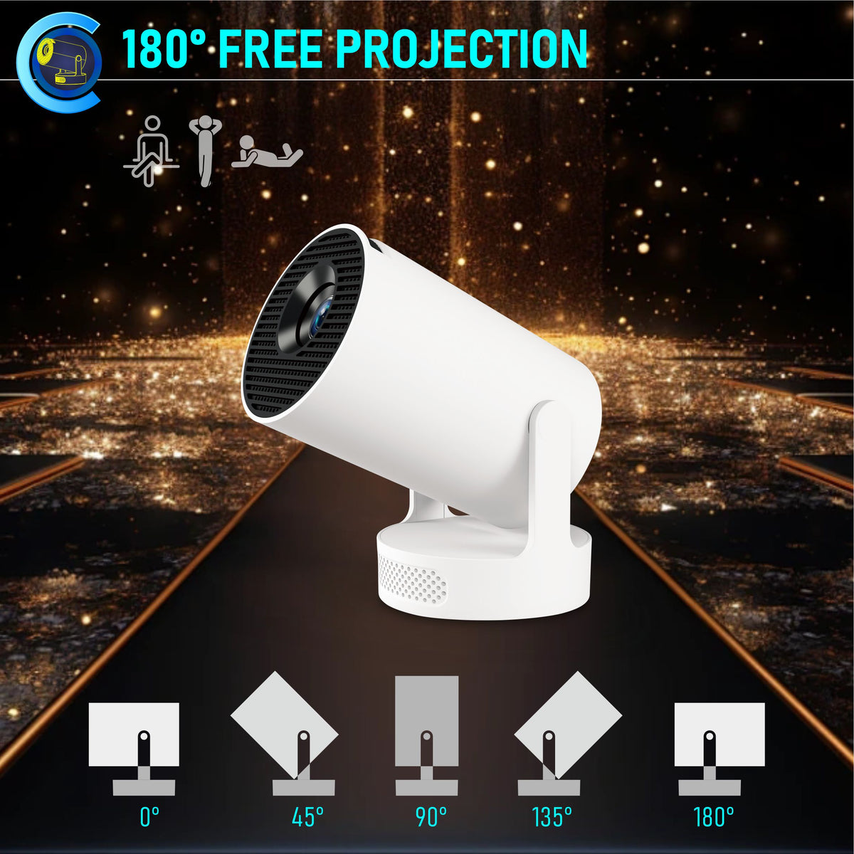 navor Smart Projector 720P, WiFi 6, Bluetooth 5.4, Android 11, 180° Stand