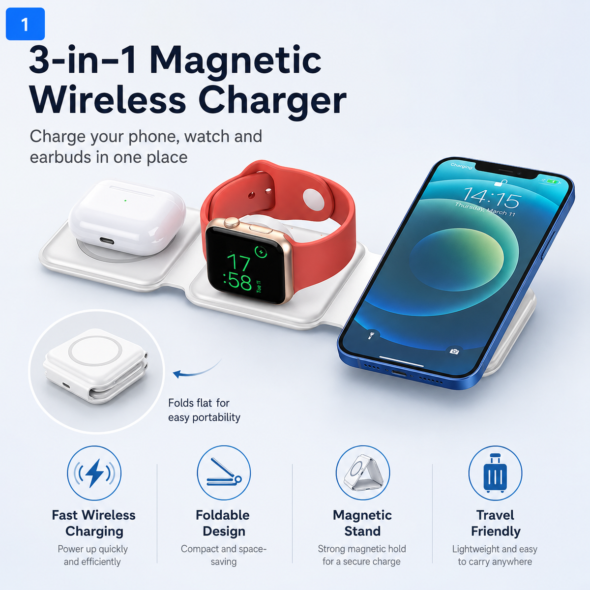 3 in 1 Charging Station for iPhone, Wireless Stand for iWatch & Airpods