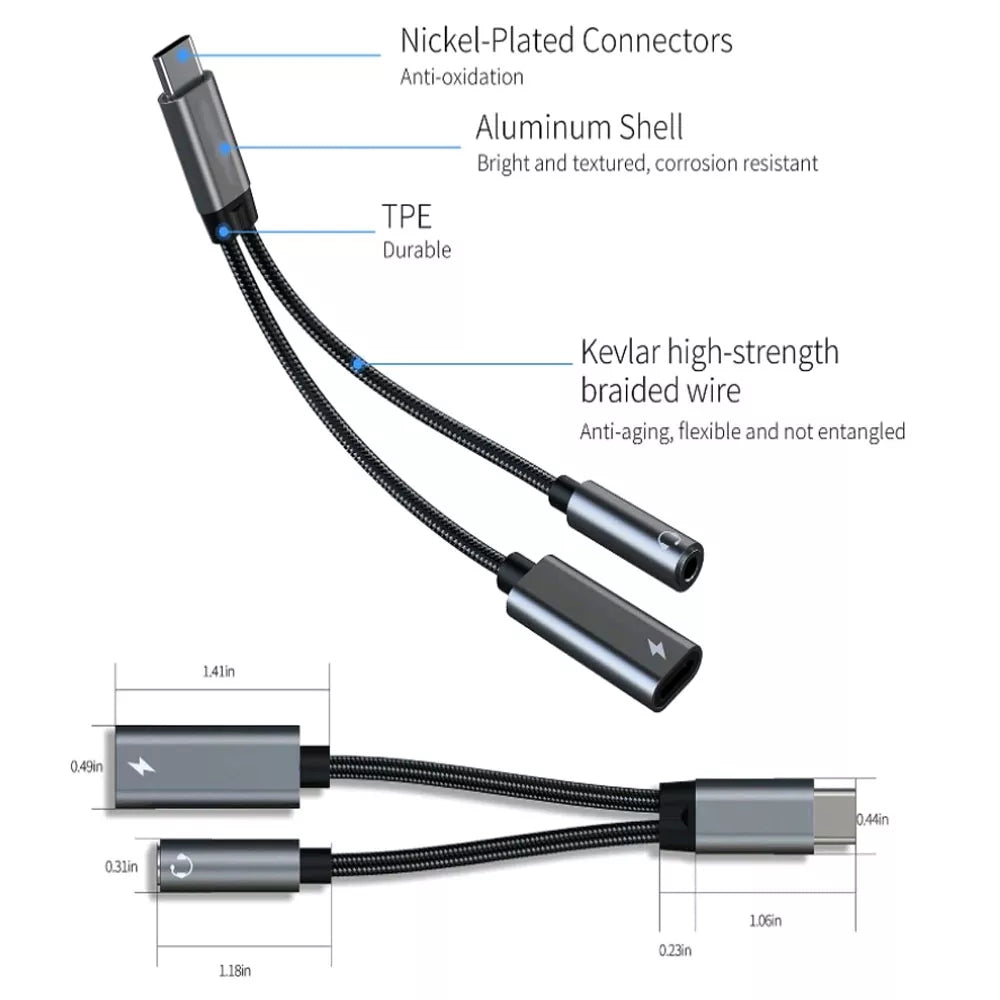 navor 2-in-1 USB C to 3.5mm Audio Jack Adapter and Charging Dongle Cable - NAVOR