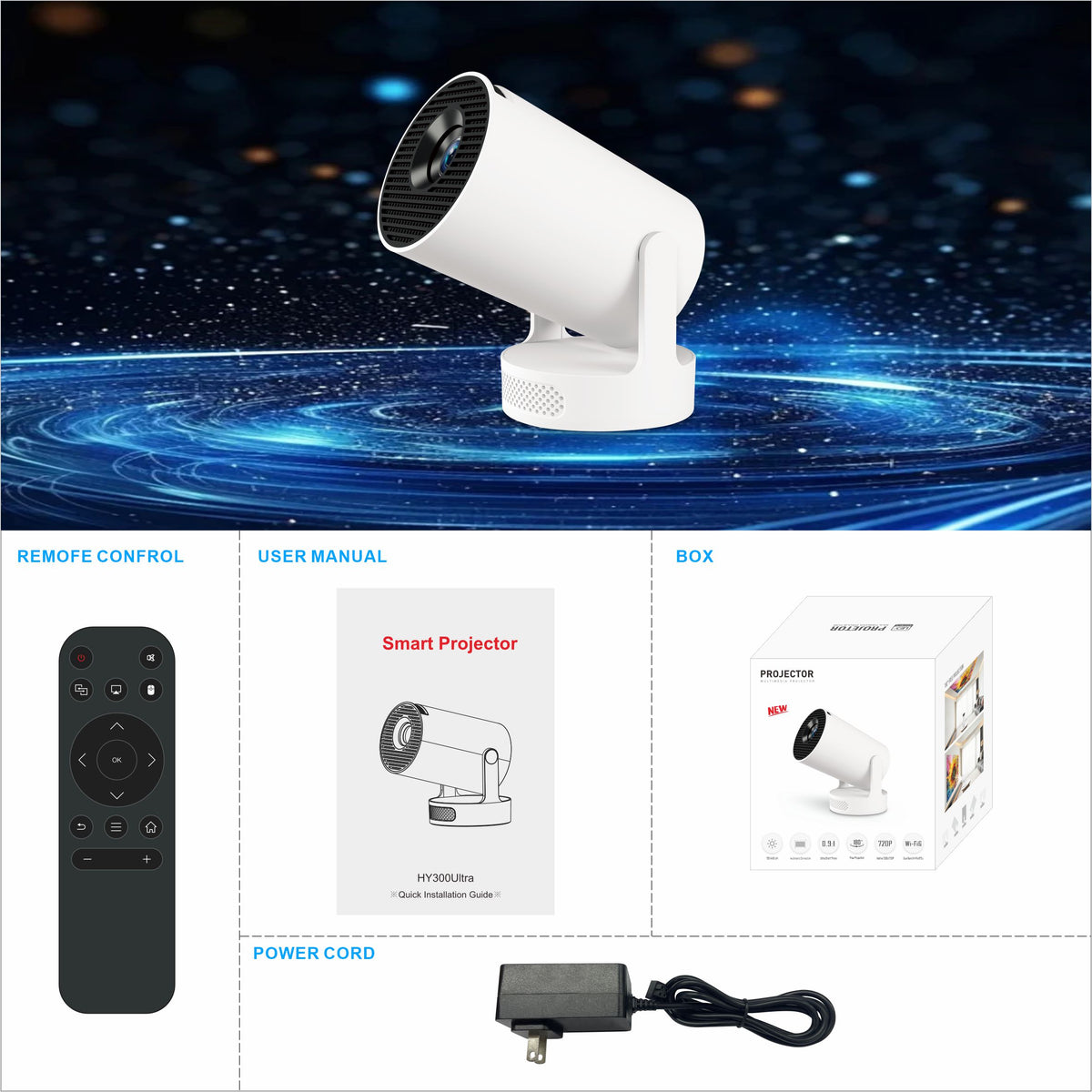 navor Smart Projector 720P, WiFi 6, Bluetooth 5.4, Android 11, 180° Stand