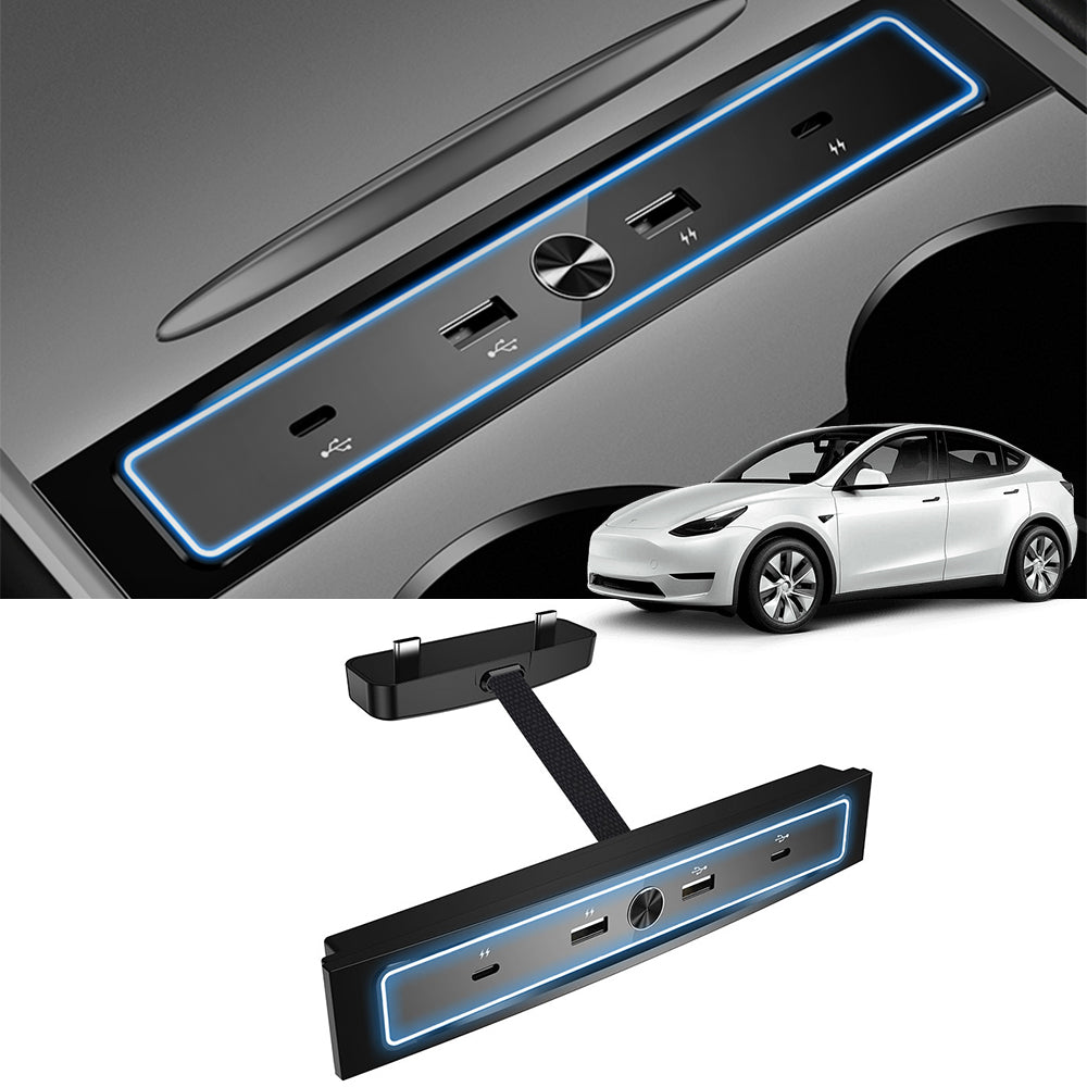 4-in-1 USB Hub with LED Light Compatible with Tesla Model 3 / Y (2021 2022 2023)