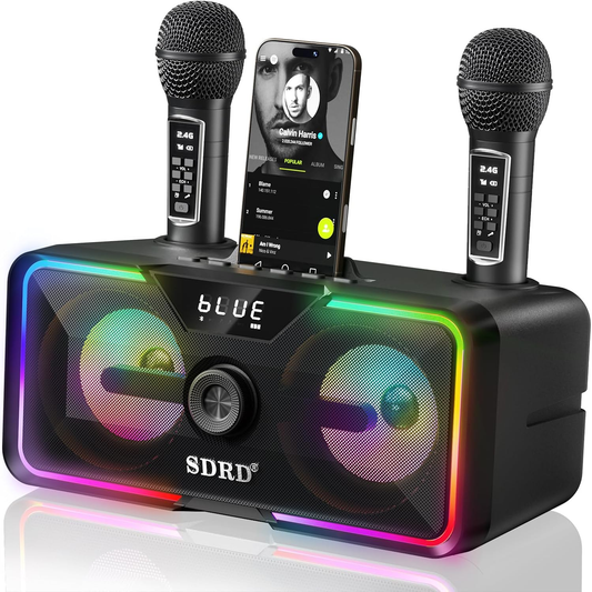 Bluetooth Karaoke Machine with 2 Wireless Microphones, 20W Dual Speaker, LED Lights, Portable Party Speaker, USB AUX, Rechargeable for Home Outdoor