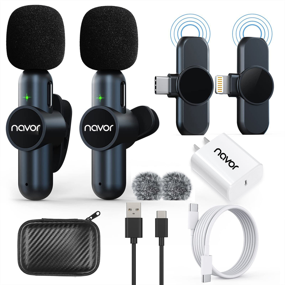navor Wireless Lavalier Microphone Dual Mics & Receivers for iPhone, iPad, Android
