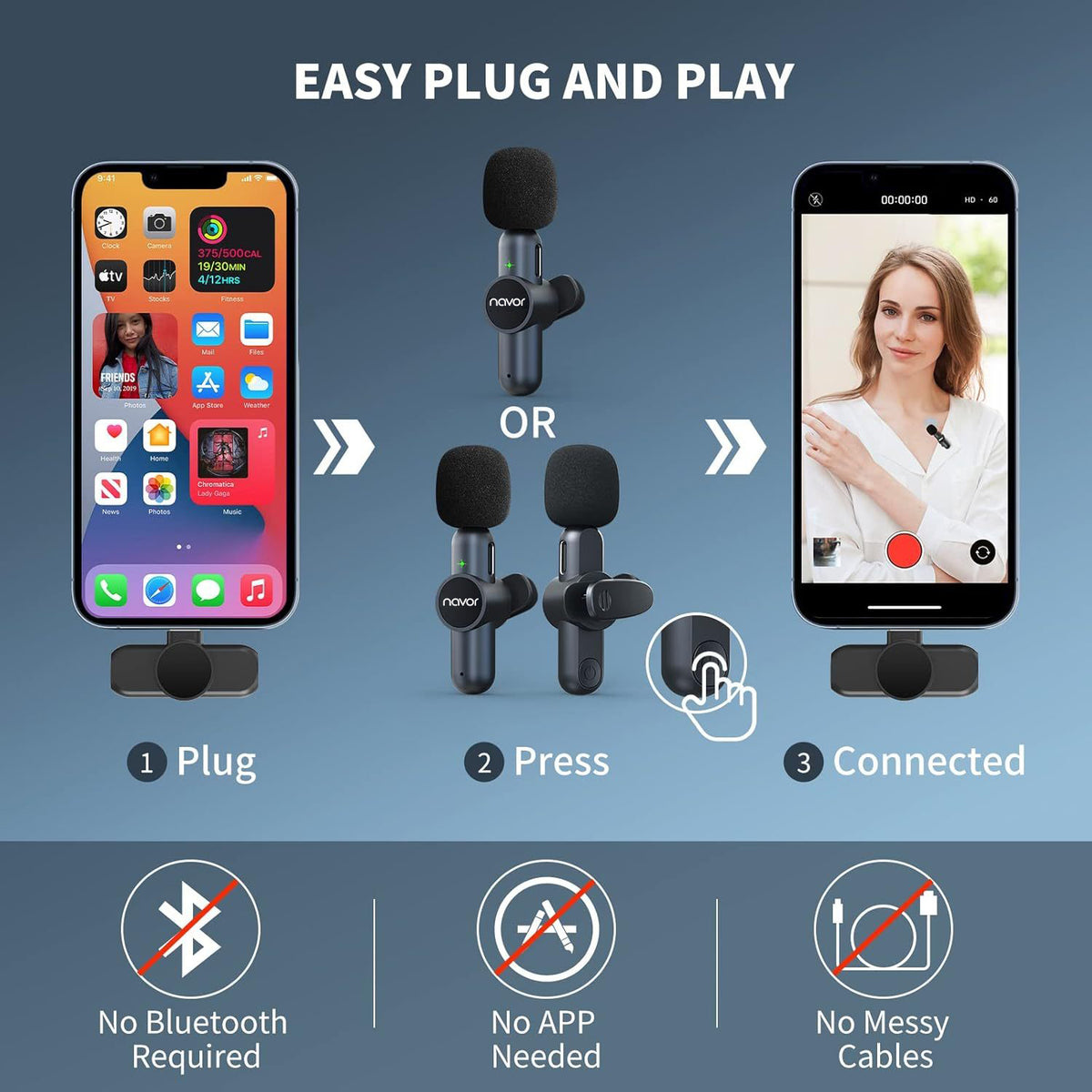 navor Wireless Lavalier Microphone Dual Mics & Receivers for iPhone, iPad, Android
