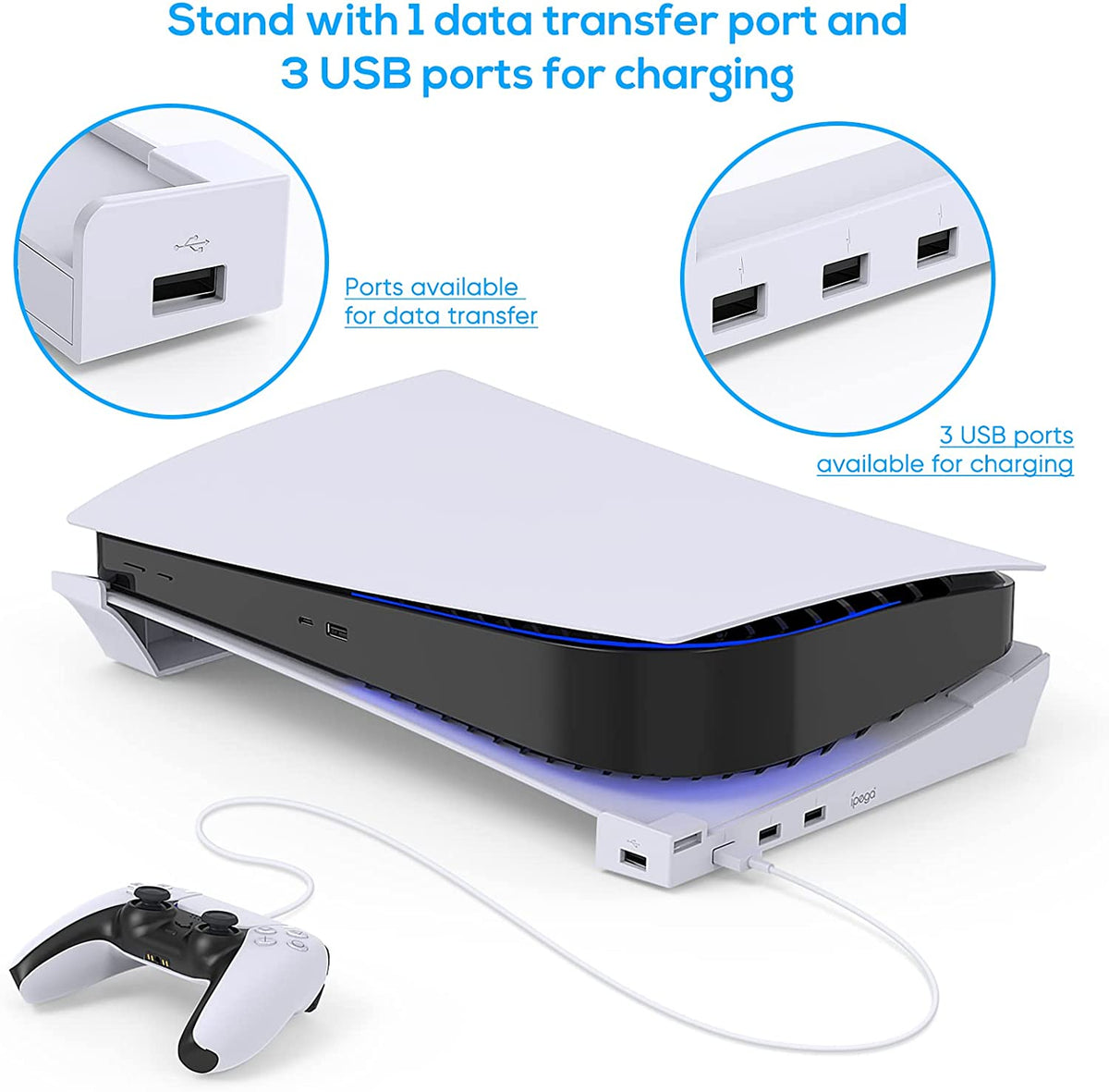 navor Horizontal Stand for Playstation 5 Console with 3 Charging & 1 Data USB Port