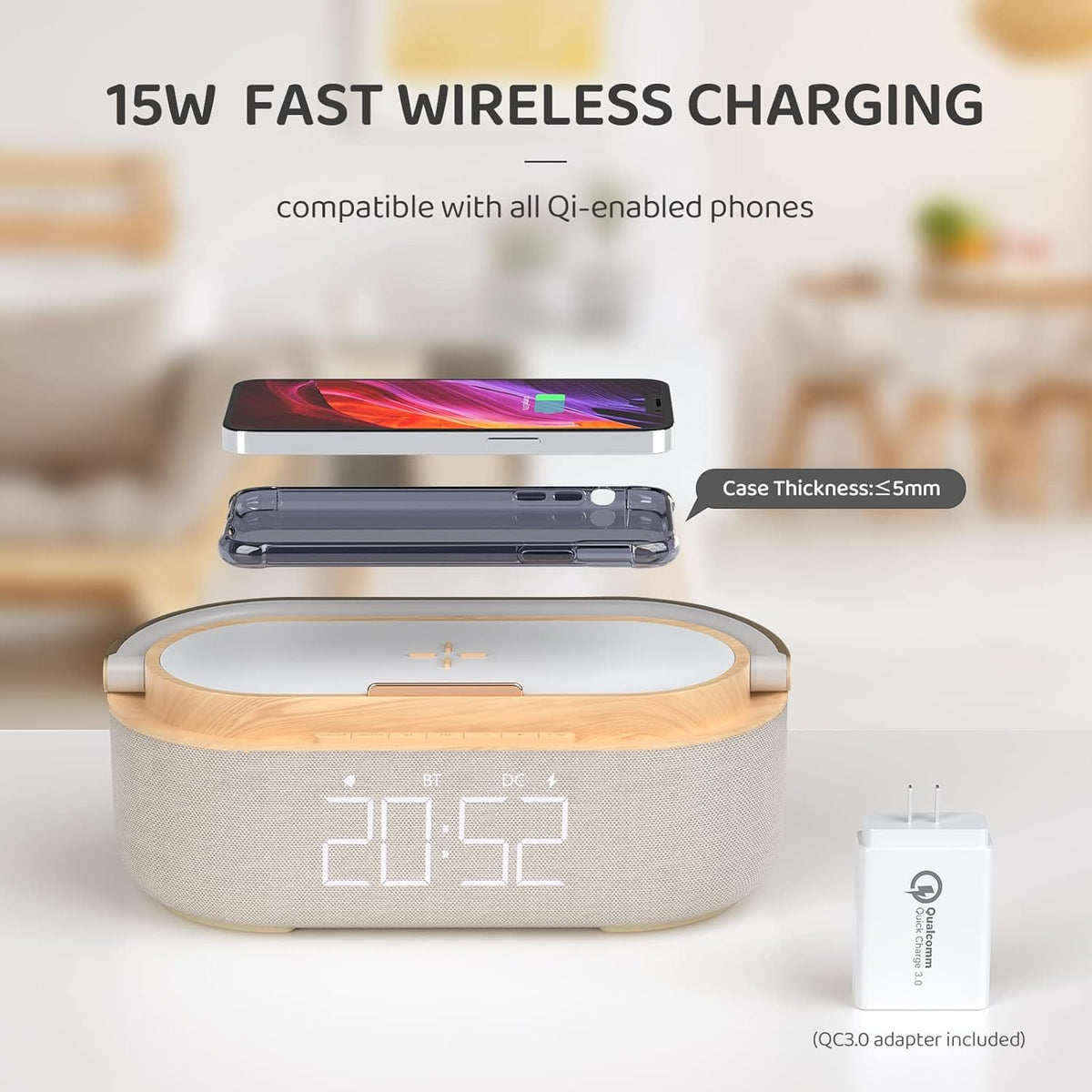 navor 6-in-1 Alarm Clock , Bluetooth Speaker with 15W Wireless Charger