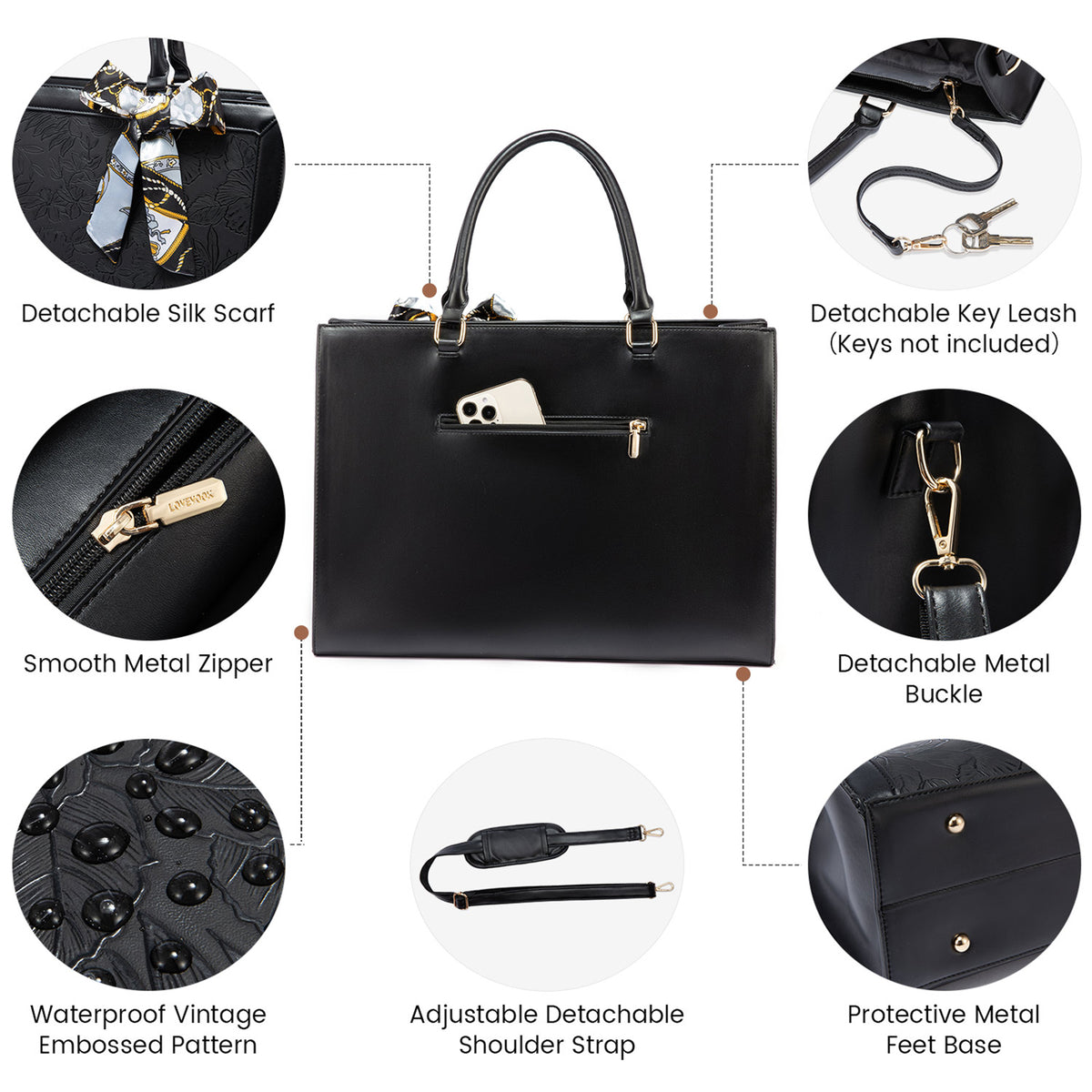 navor Women Tote Bag fits 15.6-inch Laptop Waterproof Leather Bag With Detachable Clutch Purse