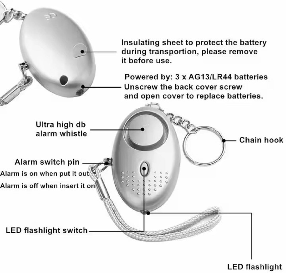 Navor Personal Safety Alarm with LED Light – 140dB Emergency Keychain Siren- 3 Pack