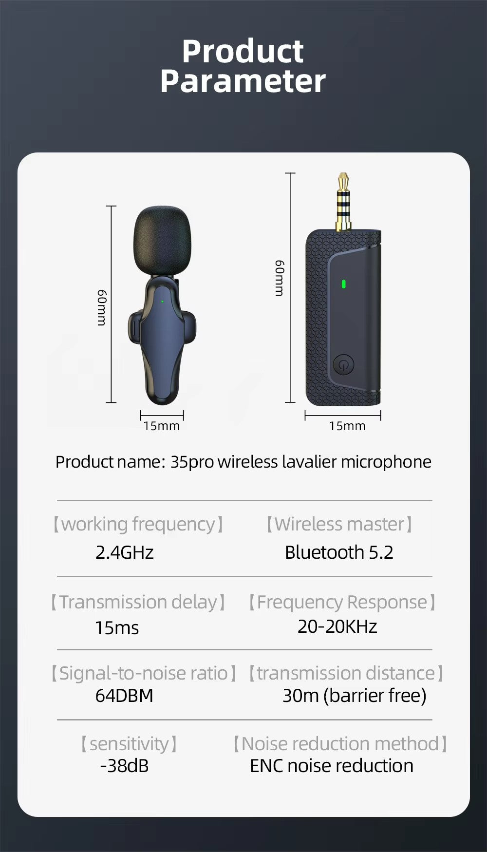 Dual Wireless Lavalier Microphone 2.4GHz ENC Noise Reduction 3.5mm for Vlogs & Interviews