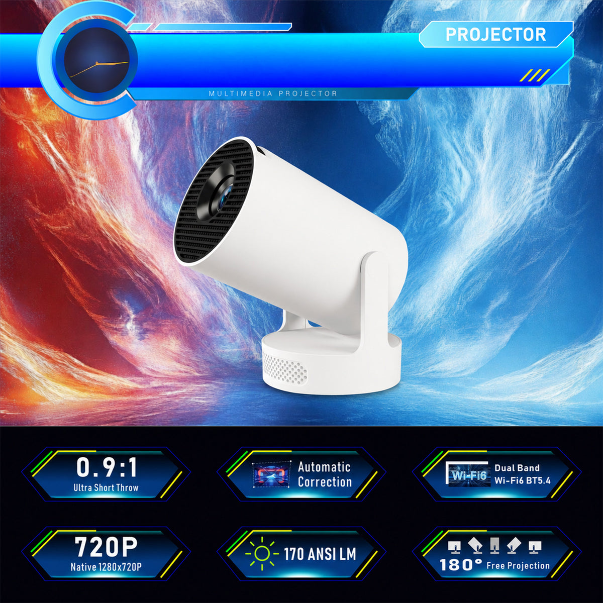 navor Smart Projector 720P, WiFi 6, Bluetooth 5.4, Android 11, 180° Stand