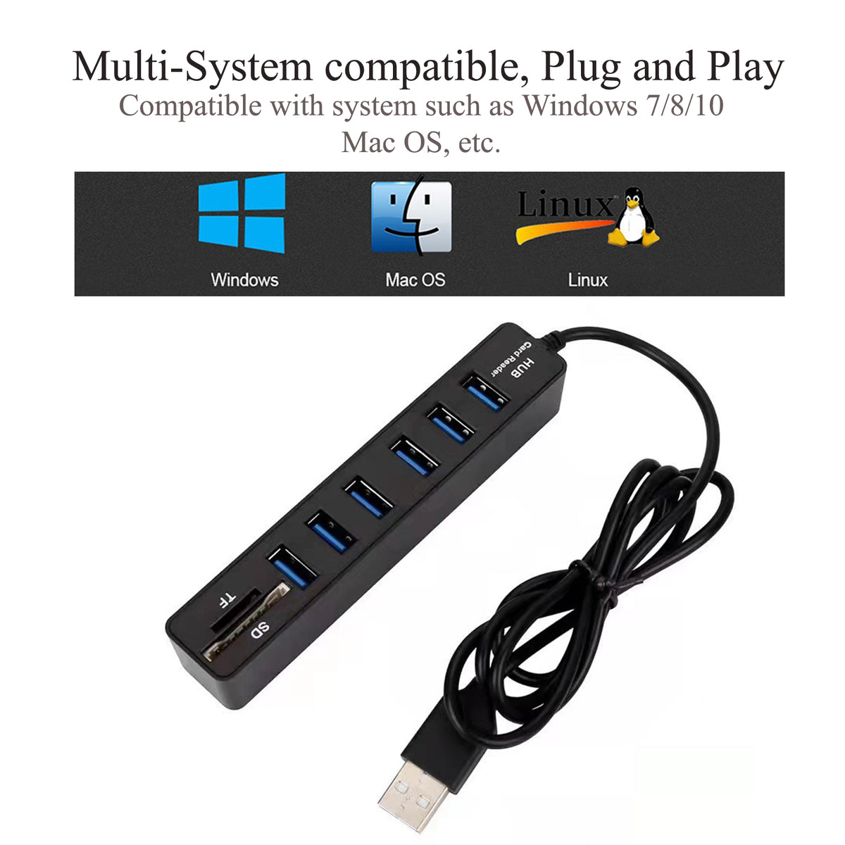 Navor 8-in-1 USB-C Hub with 1m Cable, 6 USB 2.0 Ports, SD TF Card Reader, Plug & Play