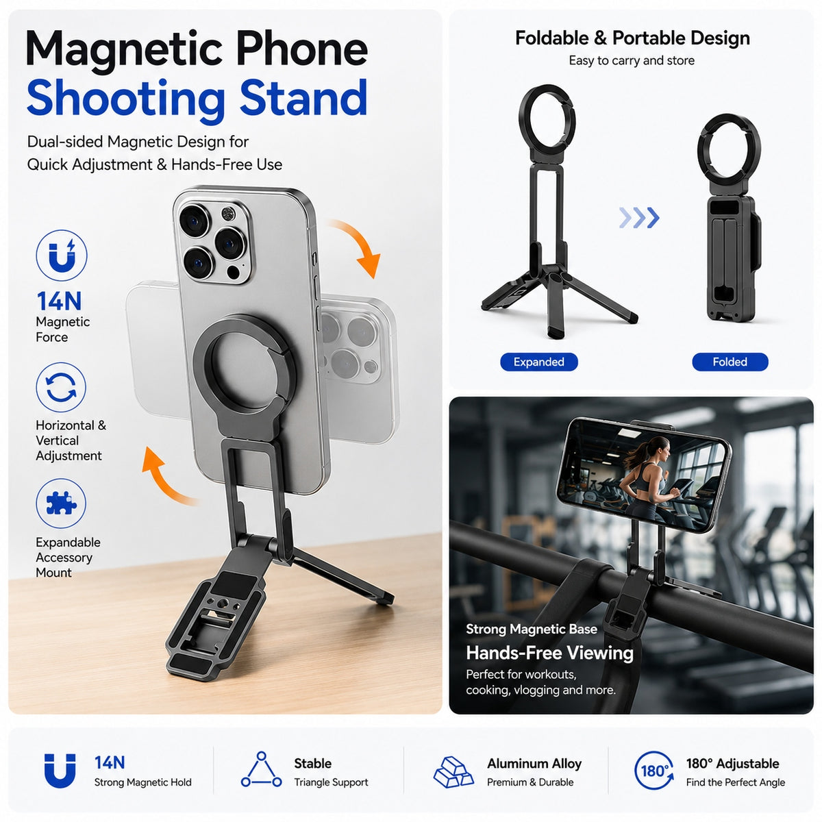 navor Foldable Magnetic Phone Tripod Stand, 180° Adjustable, 5 Modes