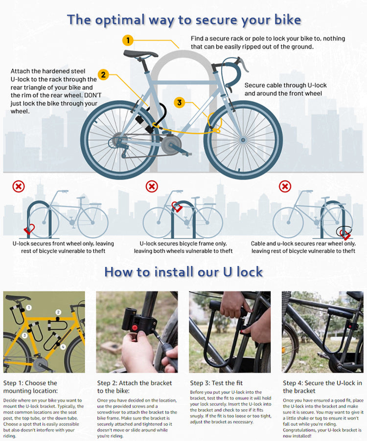 navor U Lock with Steel Cable, Heavy Duty Bicycle Lock, Keyed Anti Theft Bike Security Lock