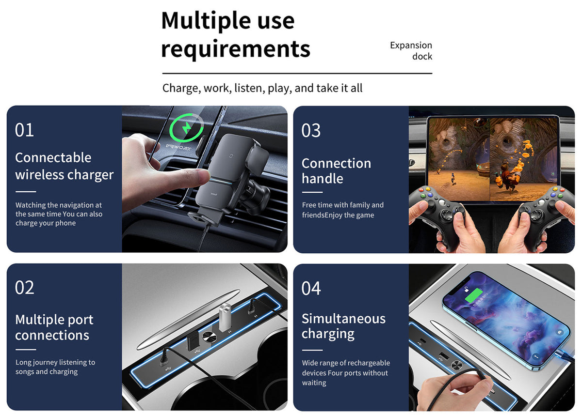 4-in-1 USB Hub with LED Light Compatible with Tesla Model 3 / Y (2021 2022 2023)