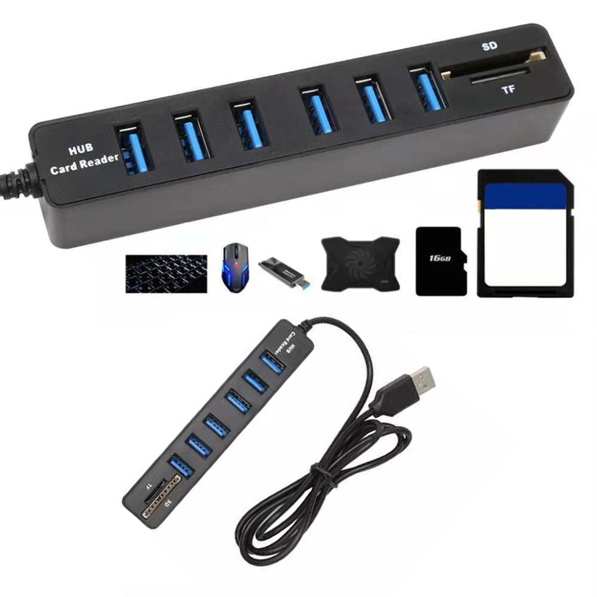 Navor 8-in-1 USB-C Hub with 1m Cable, 6 USB 2.0 Ports, SD TF Card Reader, Plug & Play
