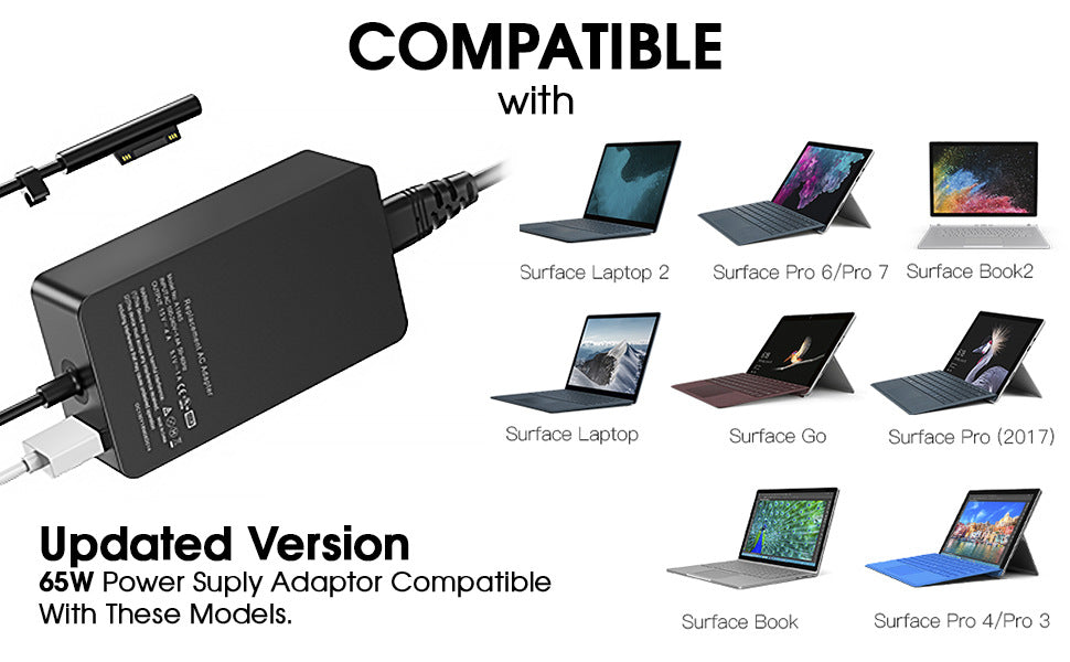 navor 65W Surface Charger for Pro 11/10/9/8/7+/7/6/5/4/3/X, Laptop 6/5/4/3/2/1, Go 3/2/1, Book 3/2/1, Studio 1 i5