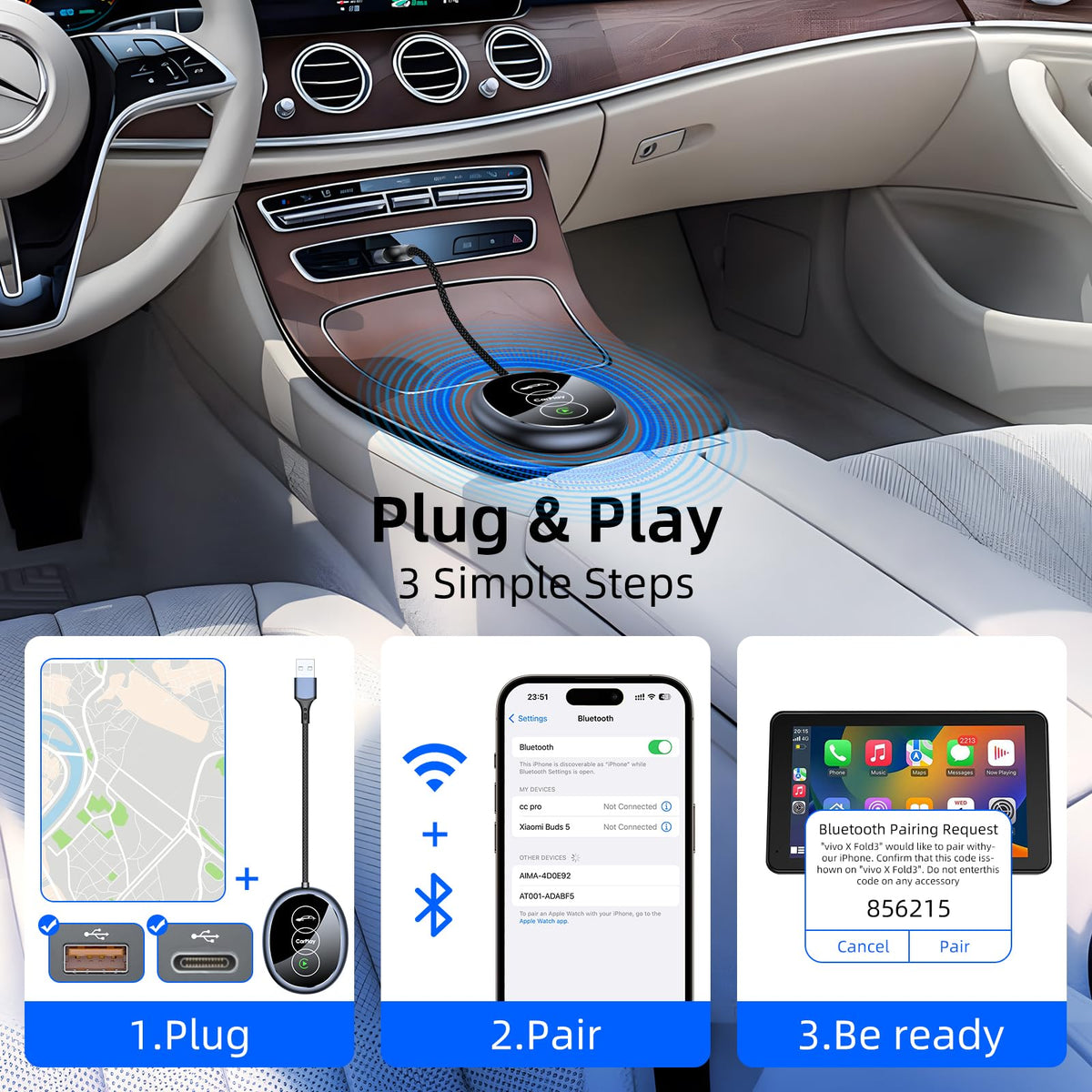 Wireless CarPlay Adapter USB-A USB-C for Factory Wired CarPlay iOS 10+