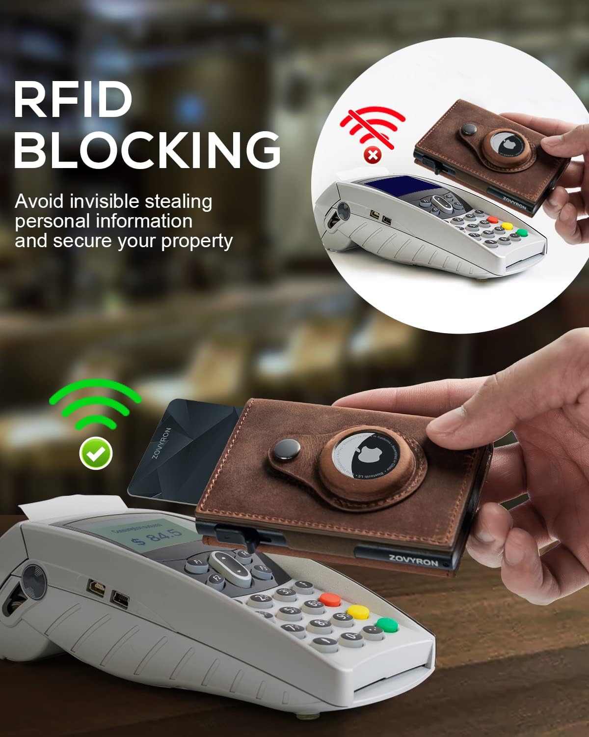 Navor Leather Bi-Fold Pop-up Wallet with AirTag Holder, RFID Blocking