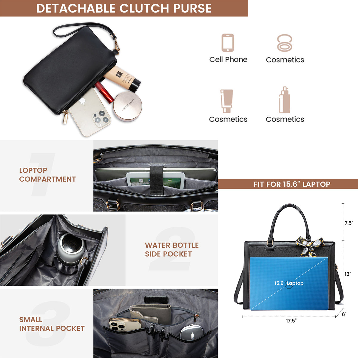 navor Women Tote Bag fits 15.6-inch Laptop Waterproof Leather Bag With Detachable Clutch Purse