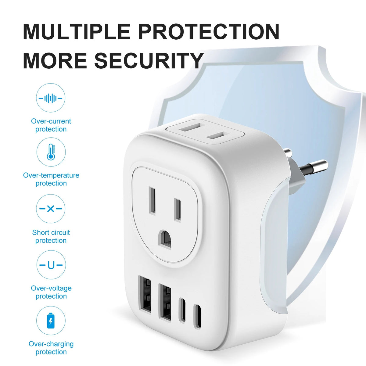 International Travel Plug Power Adapter, 6-in-1 with 2 American Outlets
