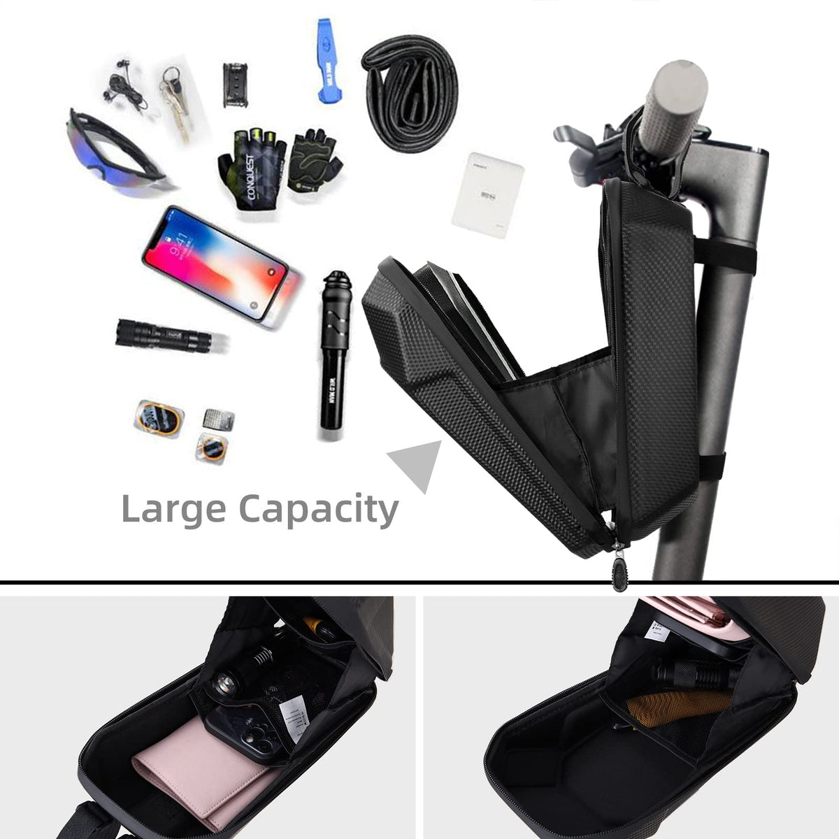 Scooter Handlebar Bag, 2L EVA Waterproof Hard Shell Front Storage, Black