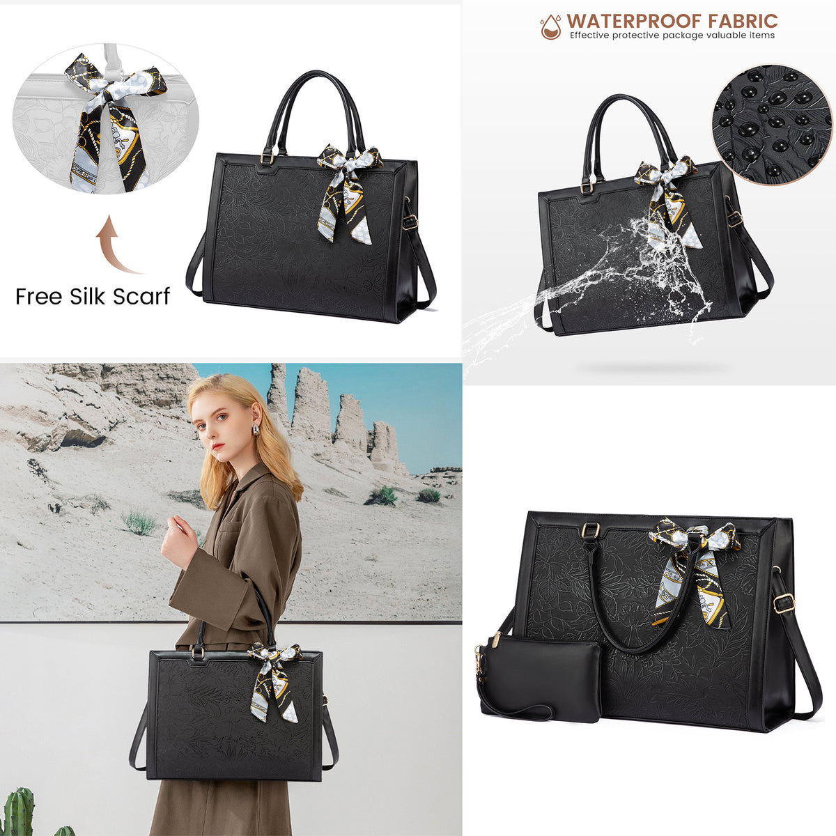 navor Women Tote Bag fits 15.6-inch Laptop Waterproof Leather Bag With Detachable Clutch Purse
