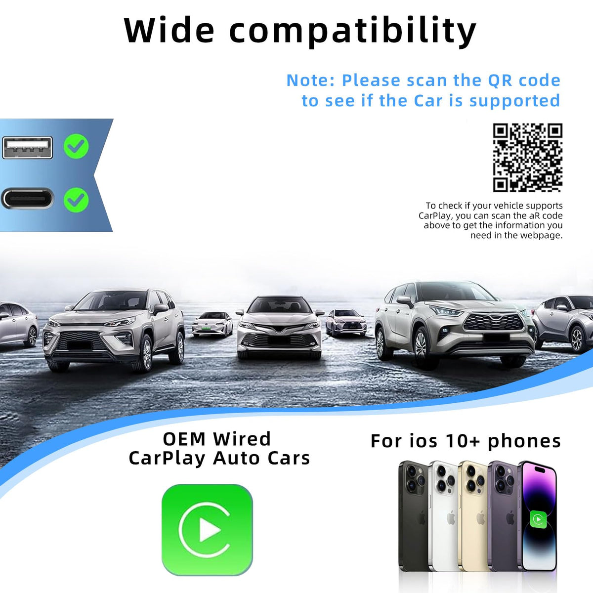 Wireless CarPlay Adapter USB-A USB-C for Factory Wired CarPlay iOS 10+