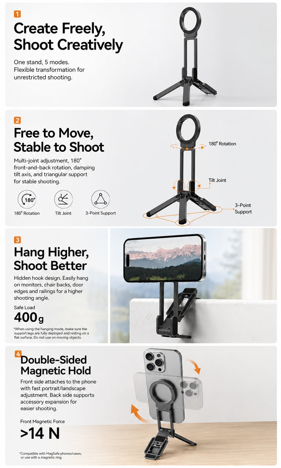 navor Foldable Magnetic Phone Tripod Stand, 180° Adjustable, 5 Modes
