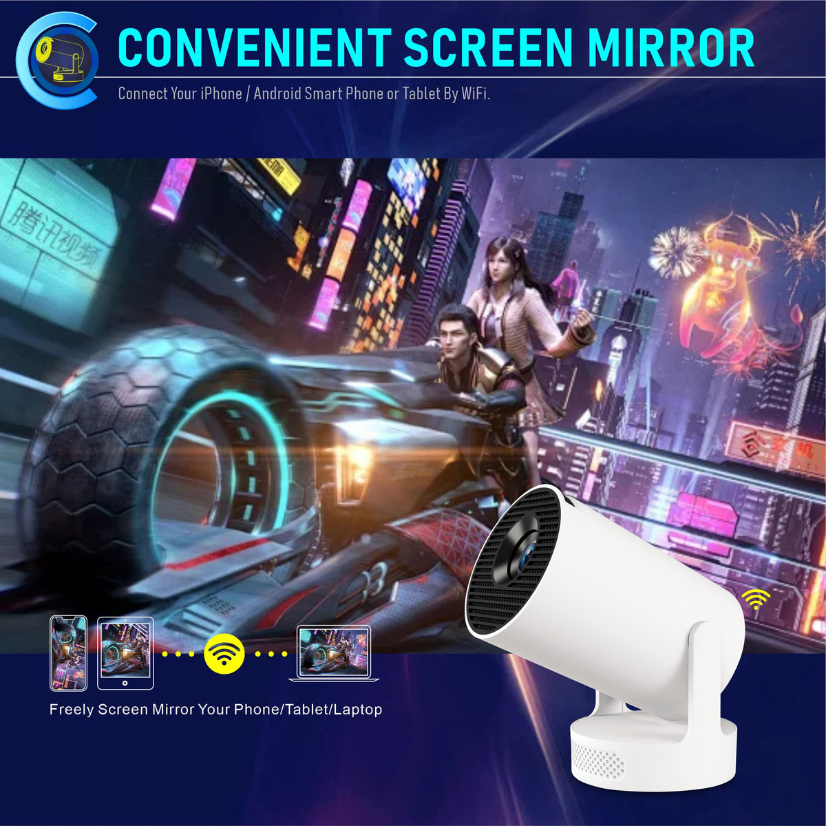 navor Smart Projector 720P, WiFi 6, Bluetooth 5.4, Android 11, 180° Stand