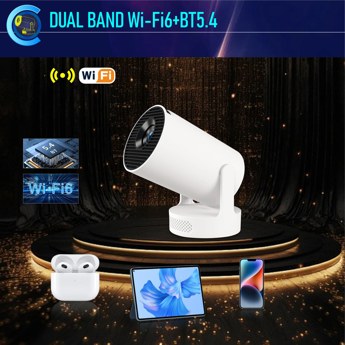 navor Smart Projector 720P, WiFi 6, Bluetooth 5.4, Android 11, 180° Stand