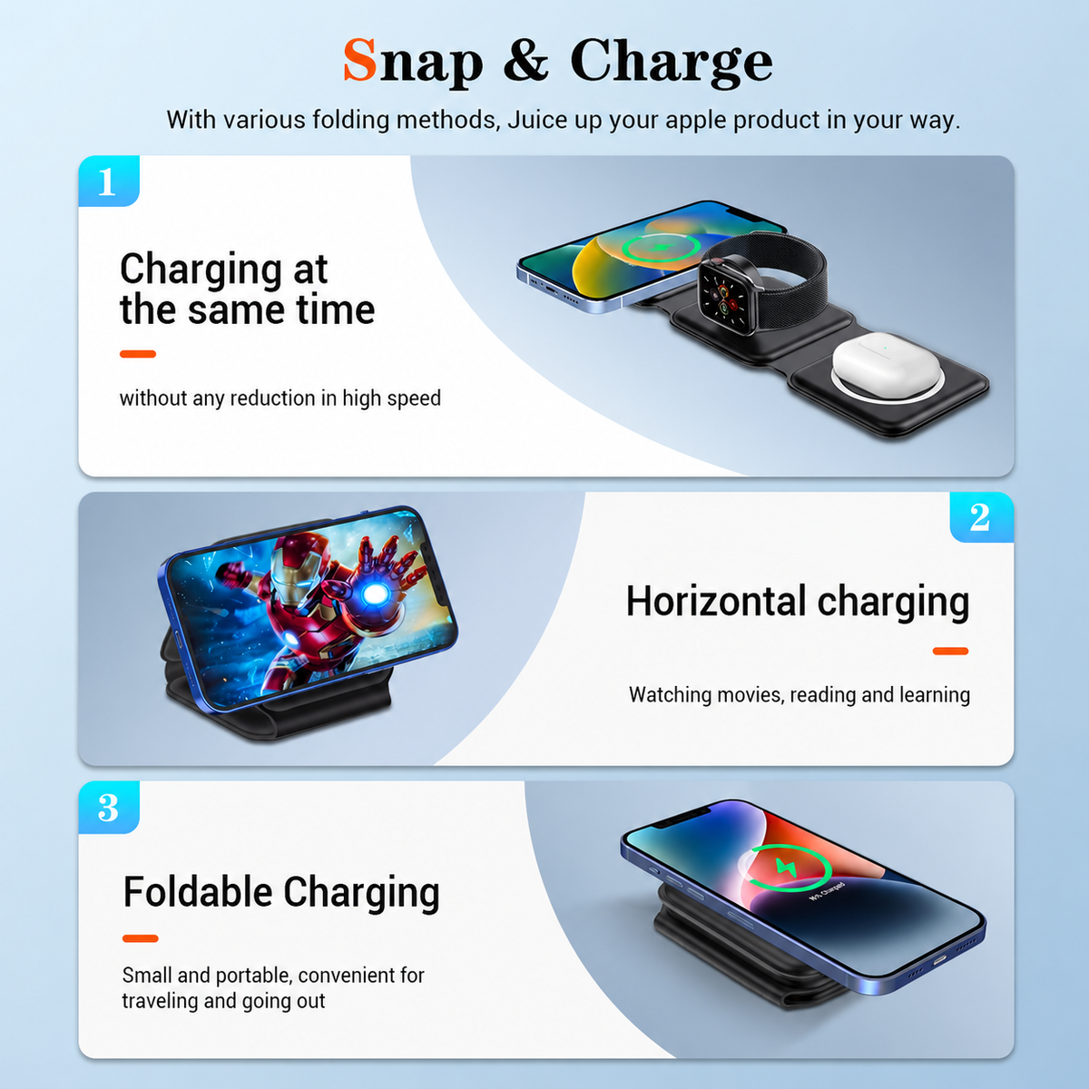 3 in 1 Charging Station for iPhone, Wireless Stand for iWatch & Airpods