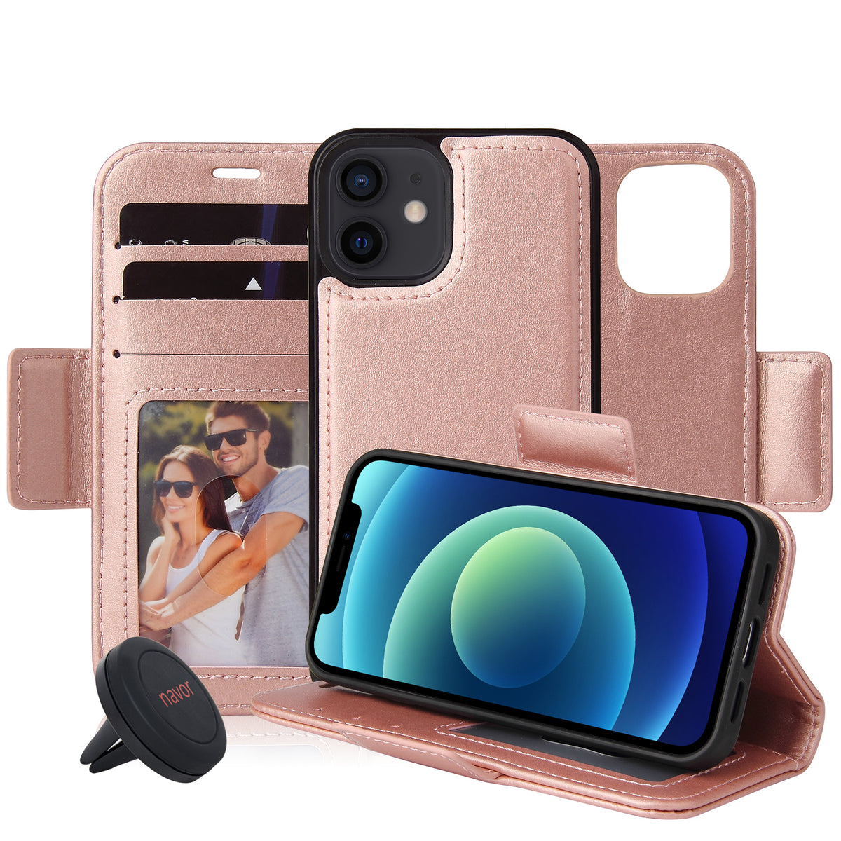 Universal Car Mount & iPhone 12 Mini Leather Wallet Case [Vajio Series] - NAVOR