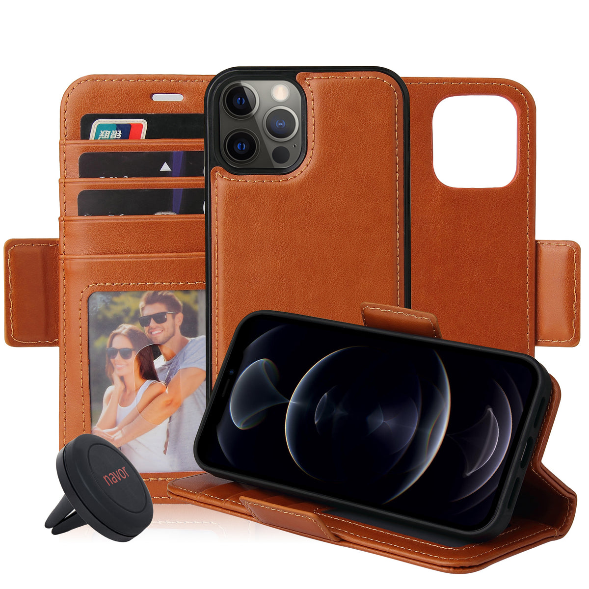 Navor Universal Car Mount & iPhone 12 / Pro PU Leather Wallet Case [Vajio Series] - NAVOR