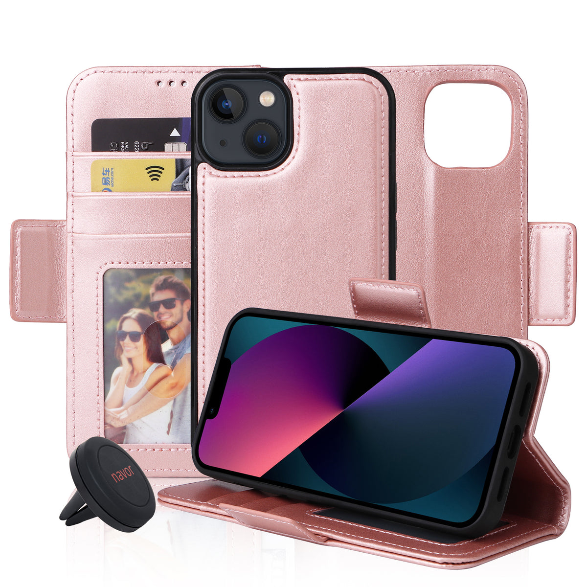 Universal Car Mount & iPhone 13 6.1" PU Leather Wallet Case[Vajio Series] - NAVOR