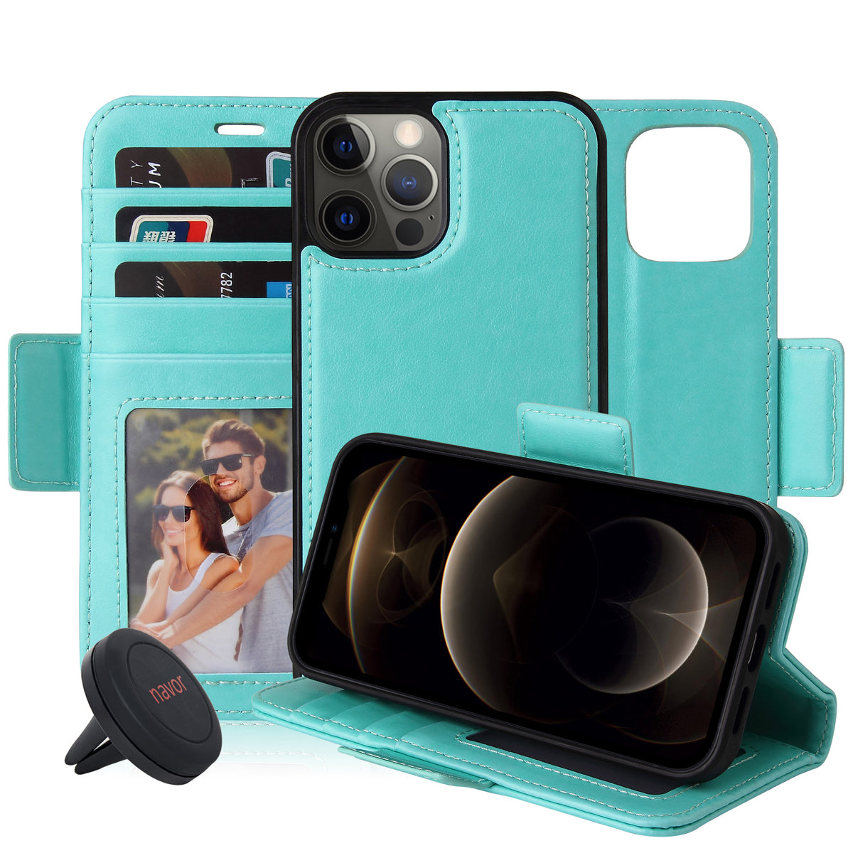 Navor Universal Car Mount & iPhone 12 / Pro PU Leather Wallet Case [Vajio Series] - NAVOR