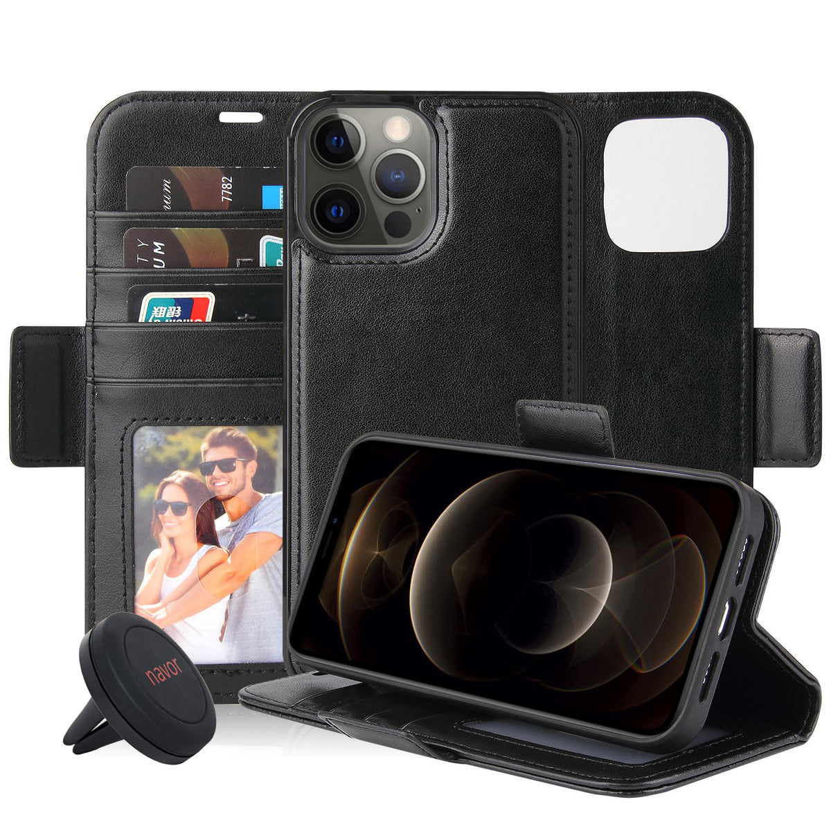Navor Universal Car Mount & iPhone 12 / Pro PU Leather Wallet Case [Vajio Series] - NAVOR