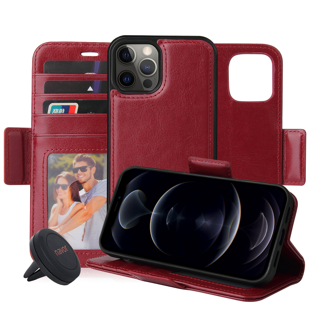 Navor Universal Car Mount & iPhone 12 / Pro PU Leather Wallet Case [Vajio Series] - NAVOR