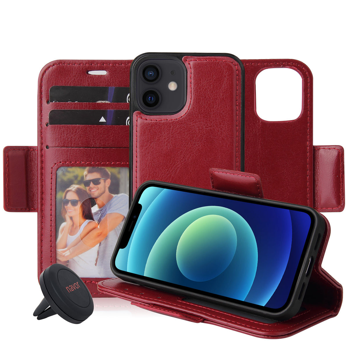 Universal Car Mount & iPhone 12 Mini Leather Wallet Case [Vajio Series] - NAVOR