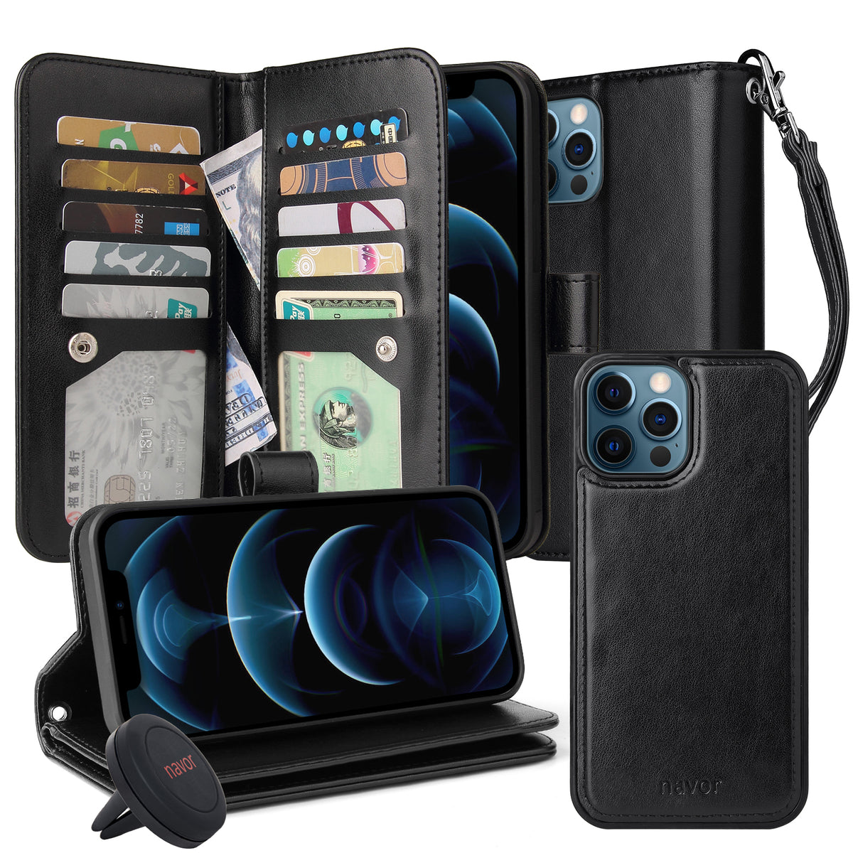 Navor Universal Car Mount & JOOT-3L Series iPhone 12 Pro Max 6.7" Magnetic Detachable Wallet Case - NAVOR