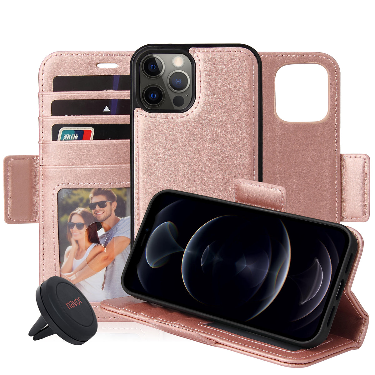 Navor Universal Car Mount & iPhone 12 / Pro PU Leather Wallet Case [Vajio Series] - NAVOR