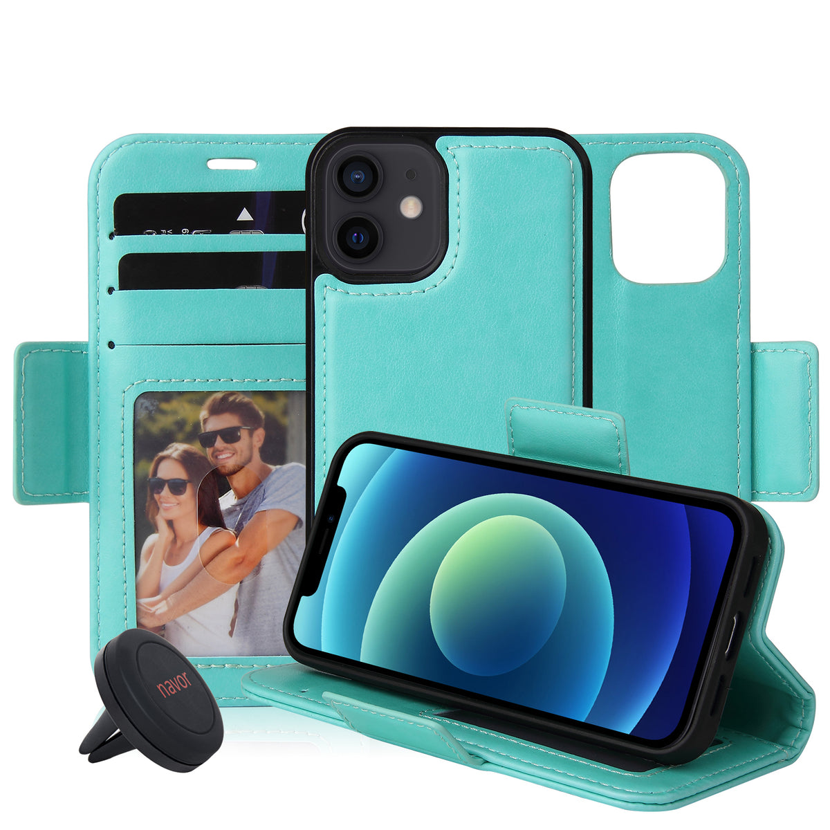 Universal Car Mount & iPhone 12 Mini Leather Wallet Case [Vajio Series] - NAVOR