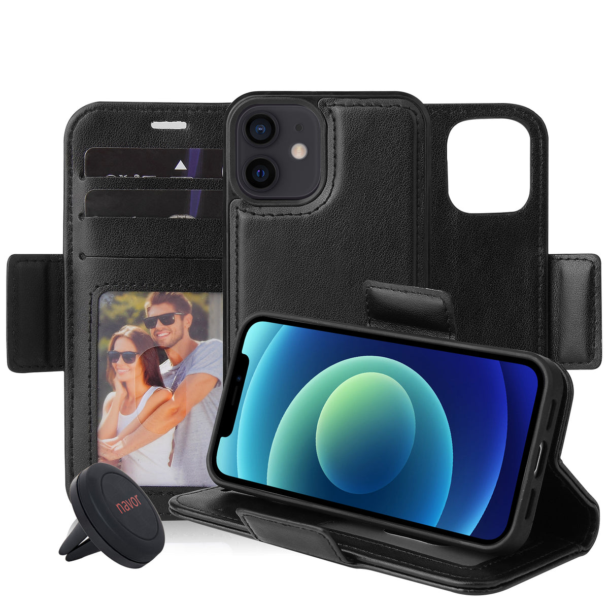 Universal Car Mount & iPhone 12 Mini Leather Wallet Case [Vajio Series] - NAVOR