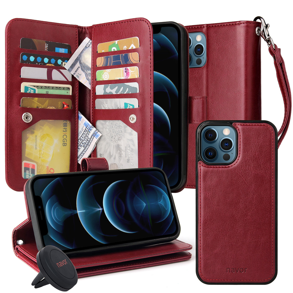Navor Universal Car Mount & JOOT-3L Series iPhone 12 Pro Max 6.7" Magnetic Detachable Wallet Case - NAVOR