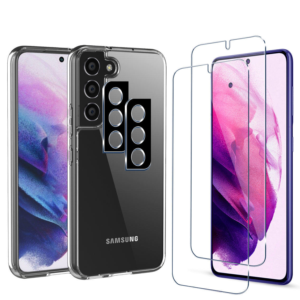 [5-in-1 Pack] Slim Clear Case for Galaxy S22 5G 6.1” with Camera Lens and Screen Proetctors - NAVOR