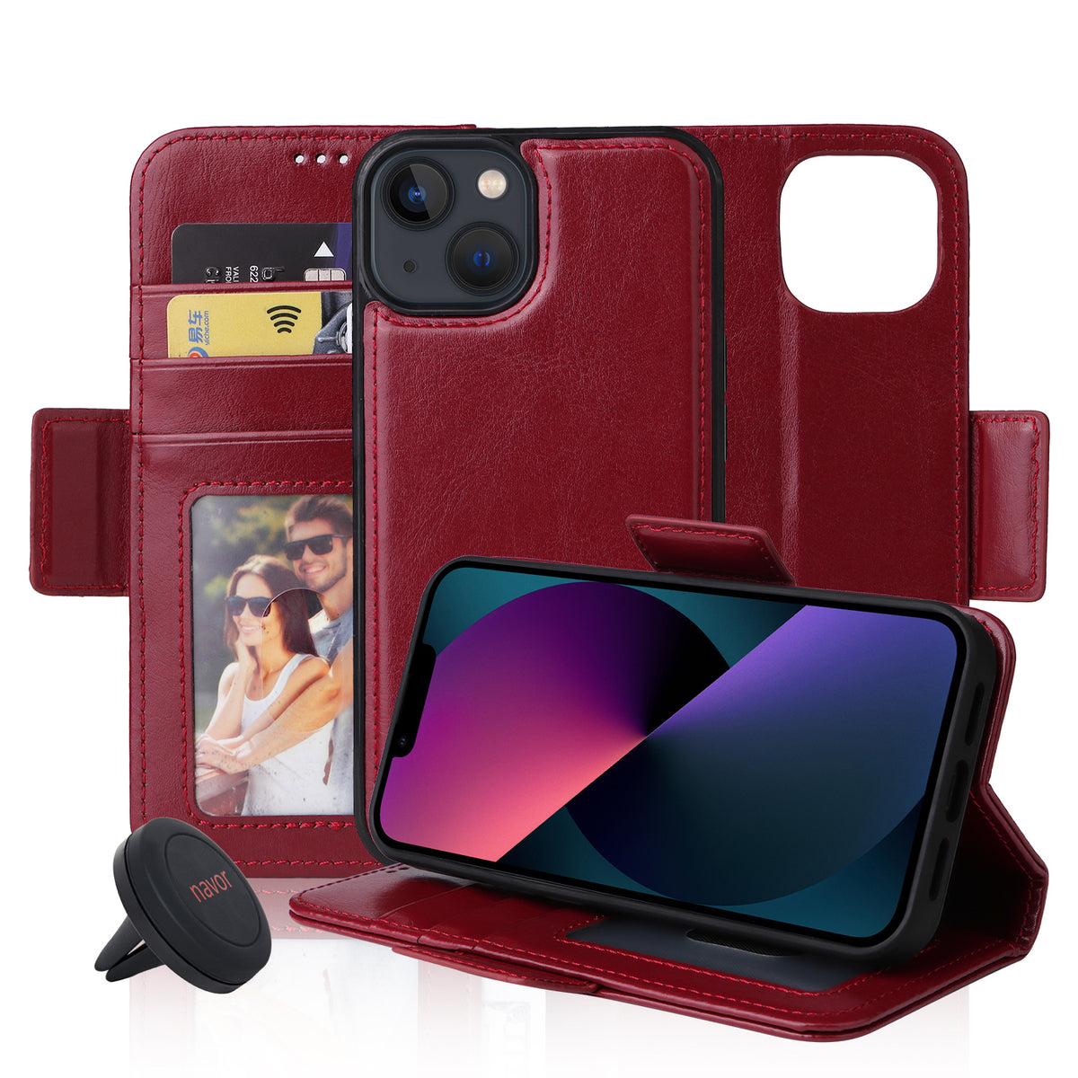Universal Car Mount & iPhone 13 6.1" PU Leather Wallet Case[Vajio Series] - NAVOR
