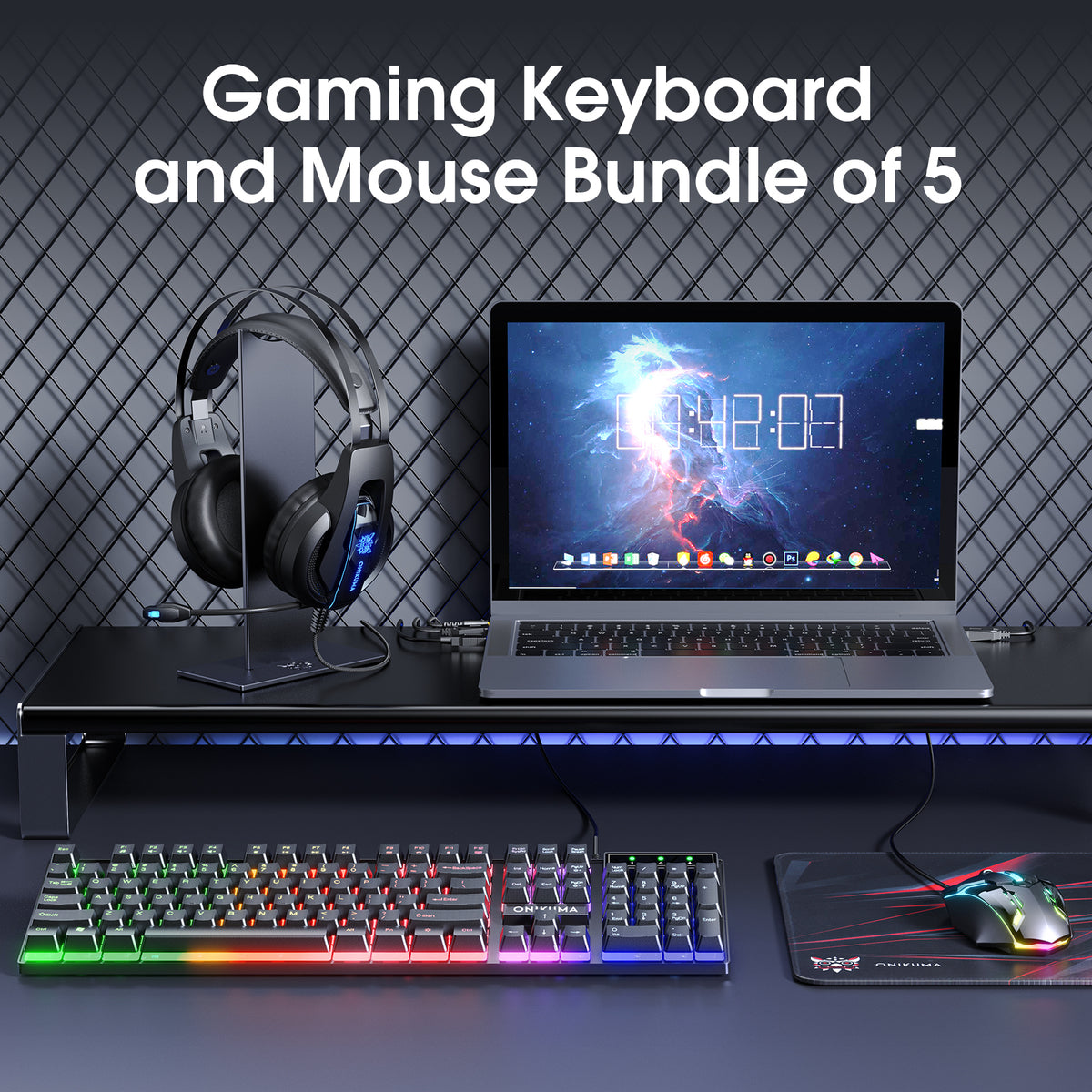 navor 5 in 1 Gaming Headset, Keyboard, Mouse, Headset Stand, Mouse Pad Combo