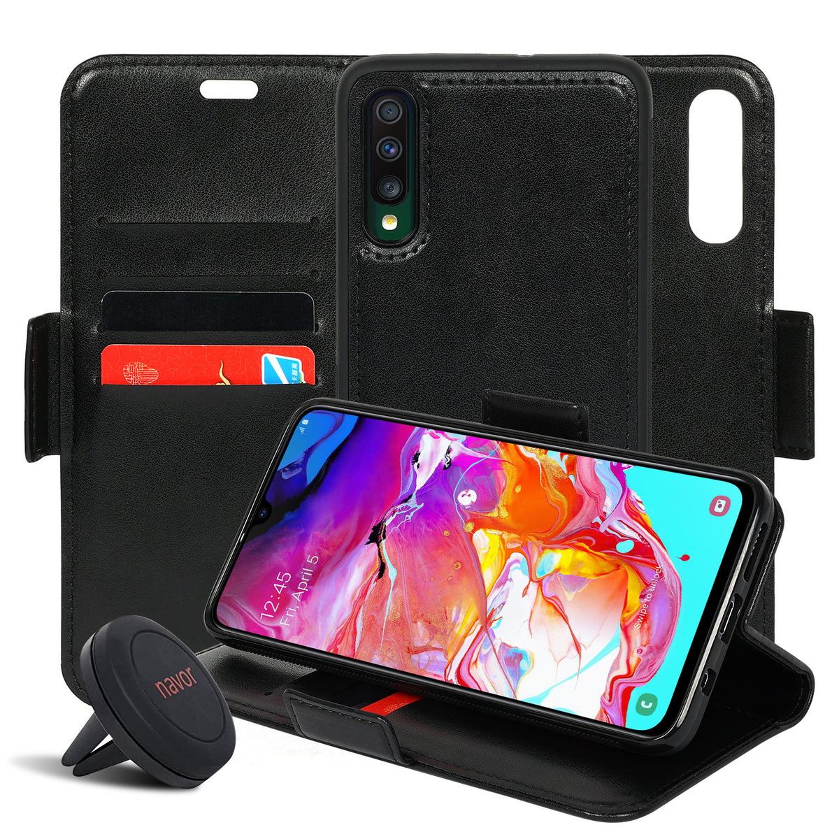 Vajio Series - Samsung Galaxy A70 Leather Wallet Case & Car Holder - NAVOR