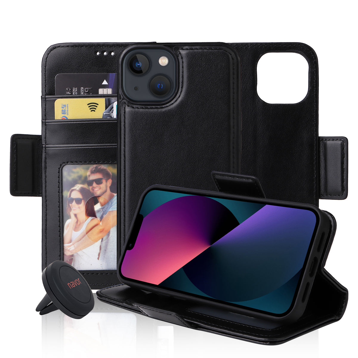 Universal Car Mount & iPhone 13 6.1" PU Leather Wallet Case[Vajio Series] - NAVOR