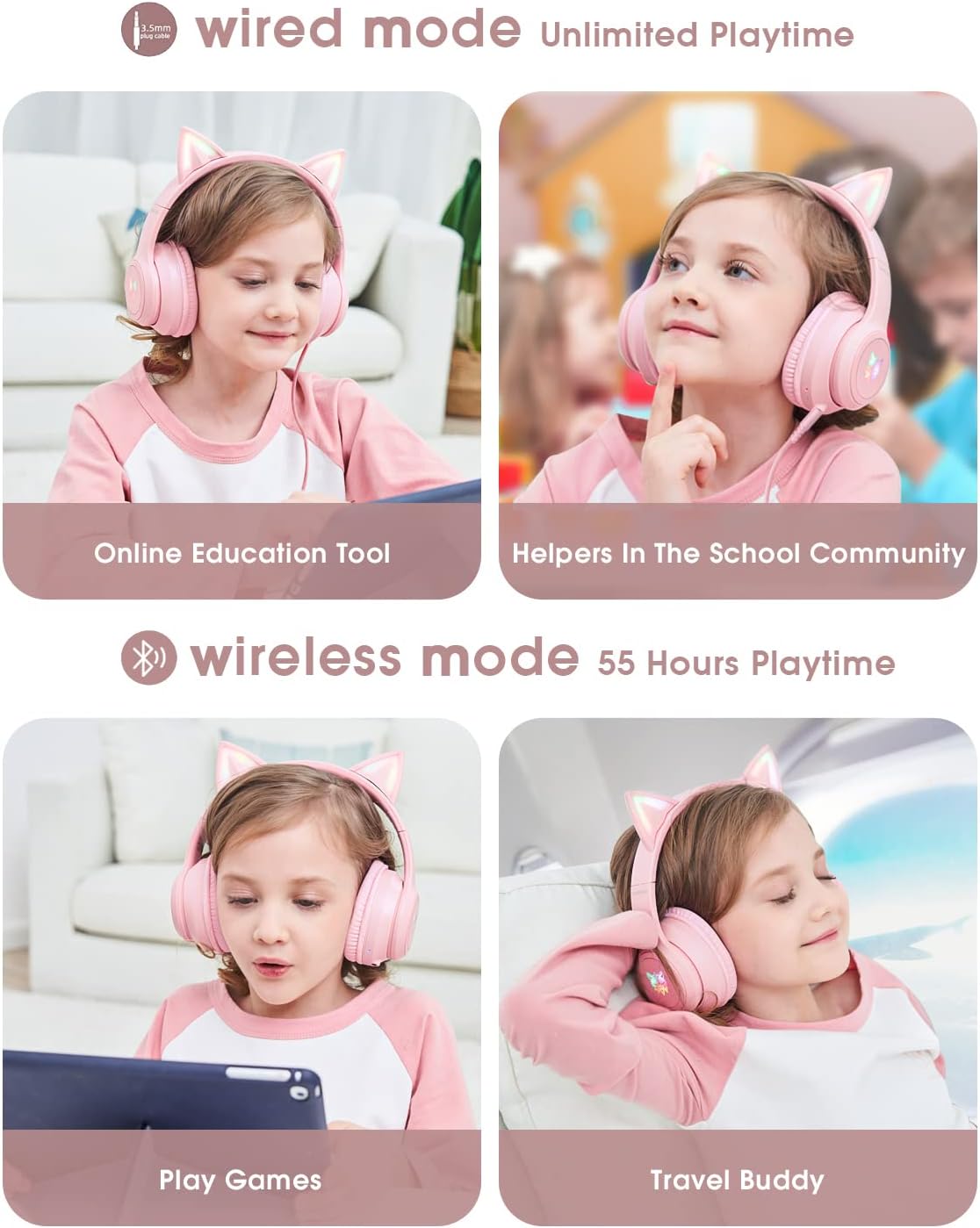 navor Bluetooth Cat Ear Headset, 15-22H Play Time