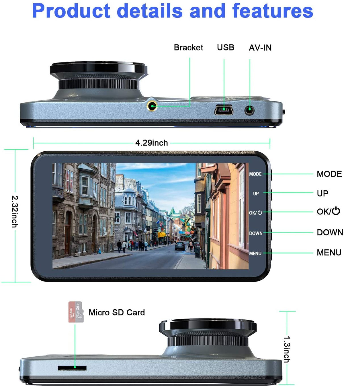 Dash Cam 1080P FHD Driving Recorder 4" Screen w Backup Camera - NAVOR